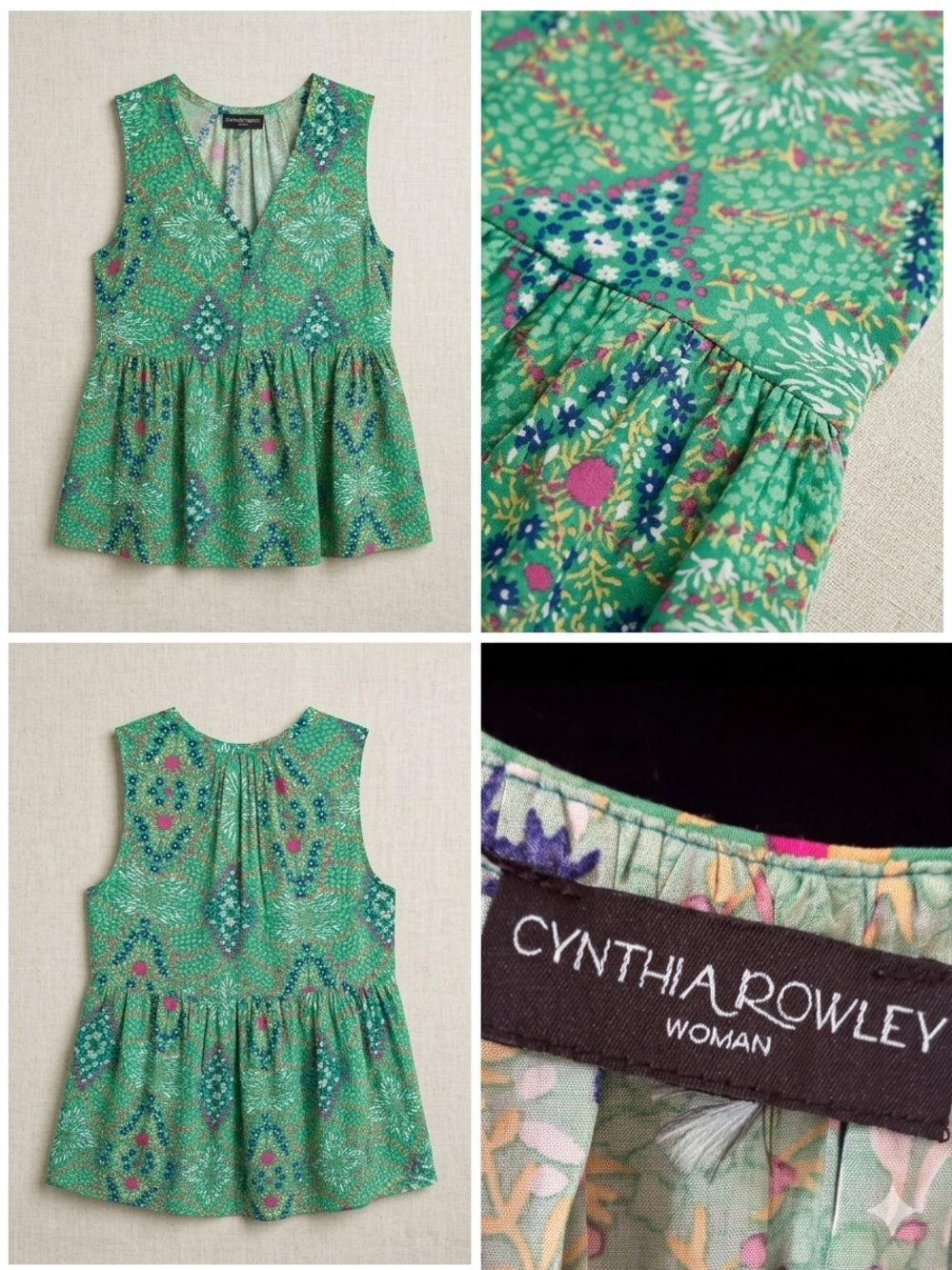 Cynthia Rowley Green Floral Peplum Tank with Split V-Neck - Picture 2 of 7